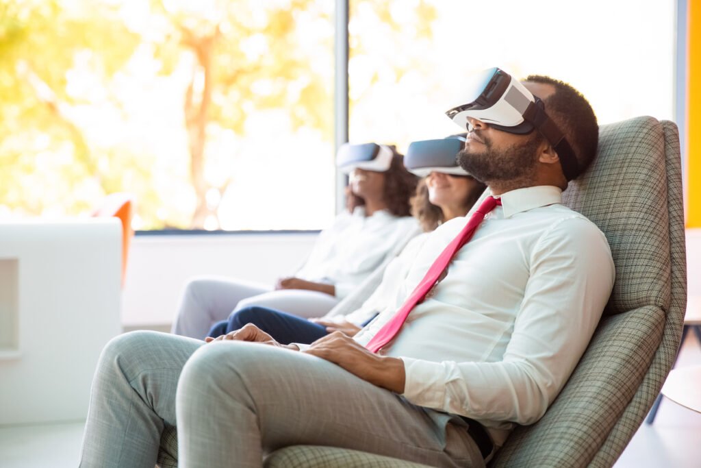 relaxed multiethnic business colleagues vr headsets